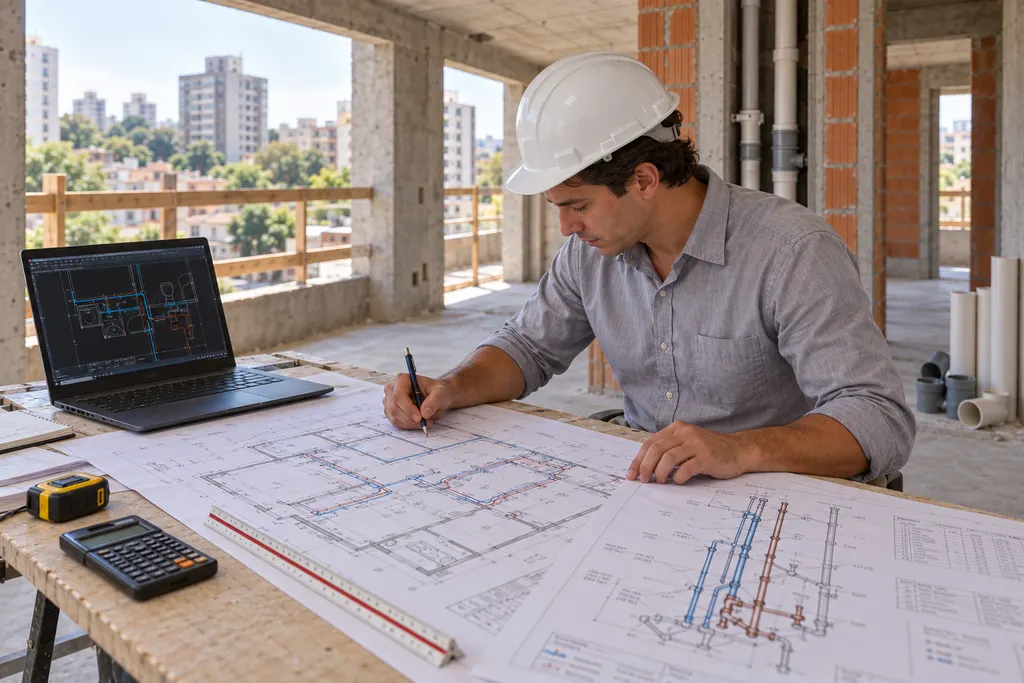 Estudo de plantas hidrossanitárias em edifício residencial em construção.