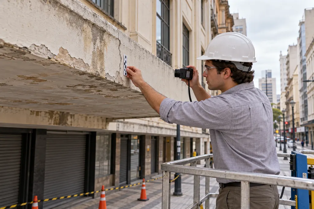 Inspeção e registro fotográfico de fissuras e deterioração no revestimento de uma marquise.
