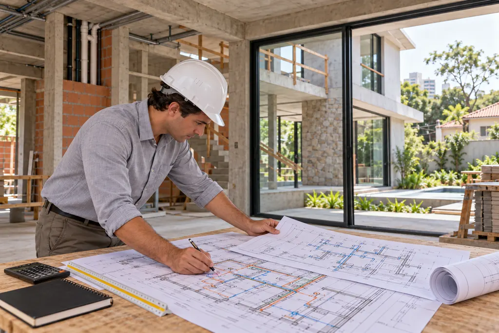 Revisão de plantas de instalações em uma residência em construção.